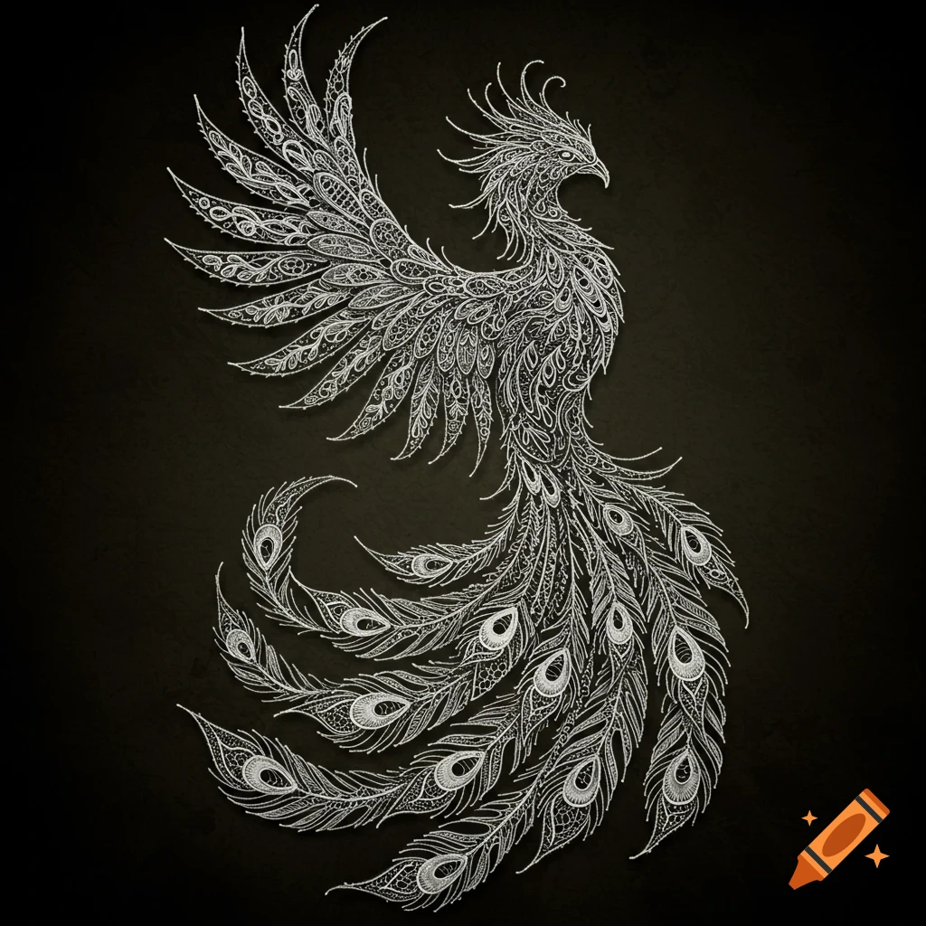 White intricate lace drawing of a phoenix on a dark background with dramatic shadow.