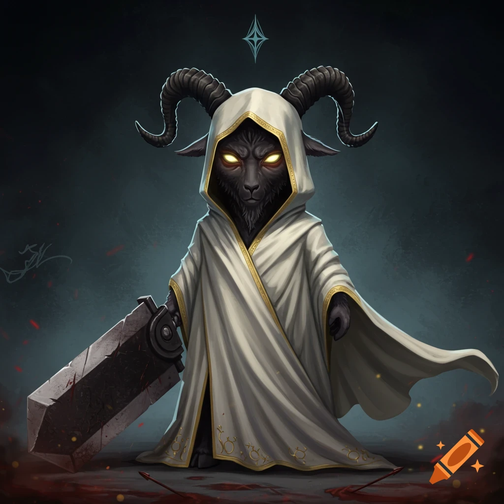 Chibi Baphomet in white robe with glowing eyes holds a large sword.