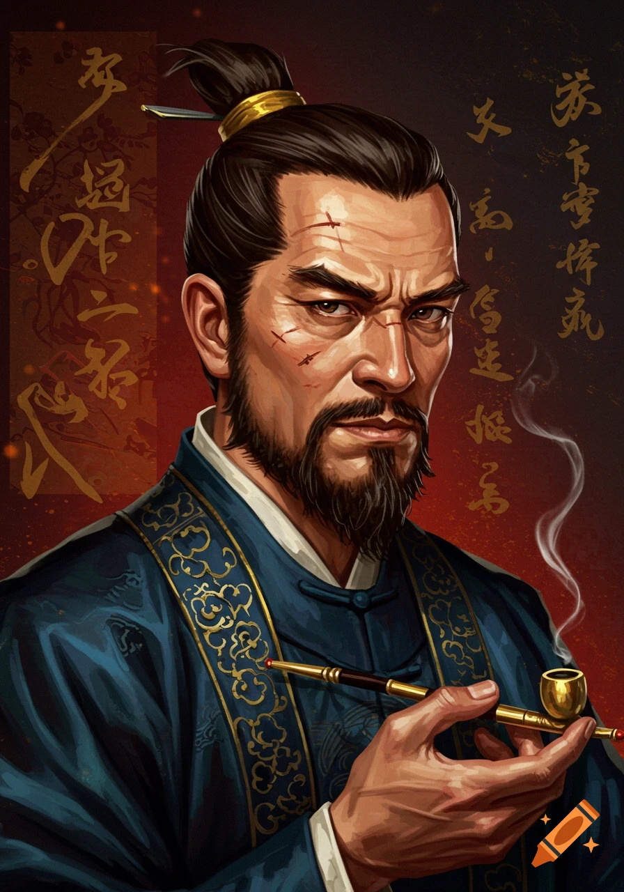 Oil painting portrait of a man in traditional Chinese attire with a beard, holding a pipe, with stylized text background.