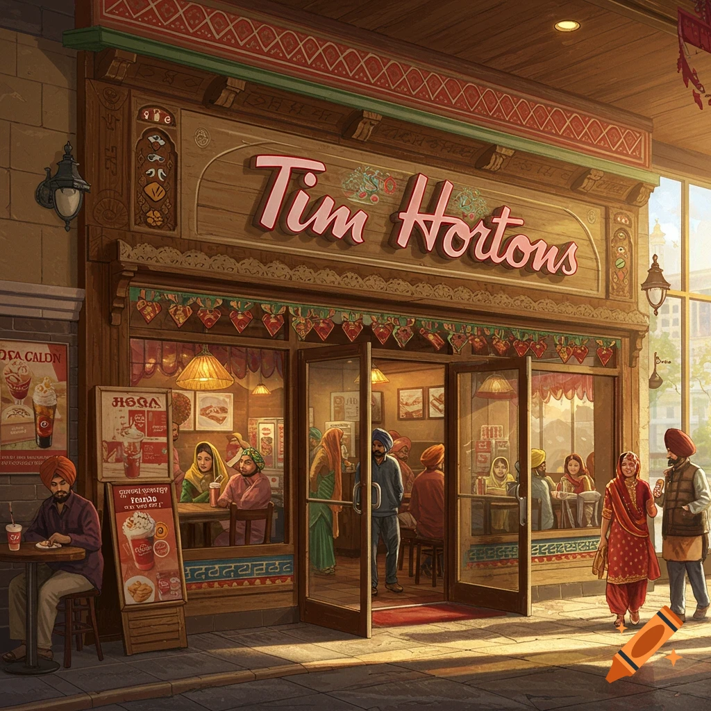 A Tim Hortons cafe with ornate decorations, people inside and outside wearing traditional South Asian clothing.