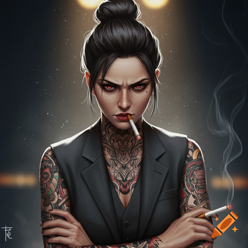 Stylized portrait of a woman with neck and sleeve tattoos, messy bun, and intense gaze, smoking a cigarette.