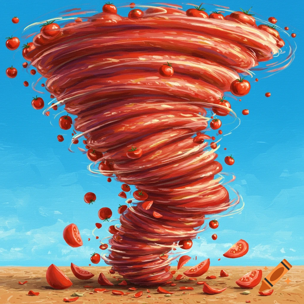 A large tornado swirls, made entirely of red tomatoes and tomato slices, over brown ground under a blue sky.