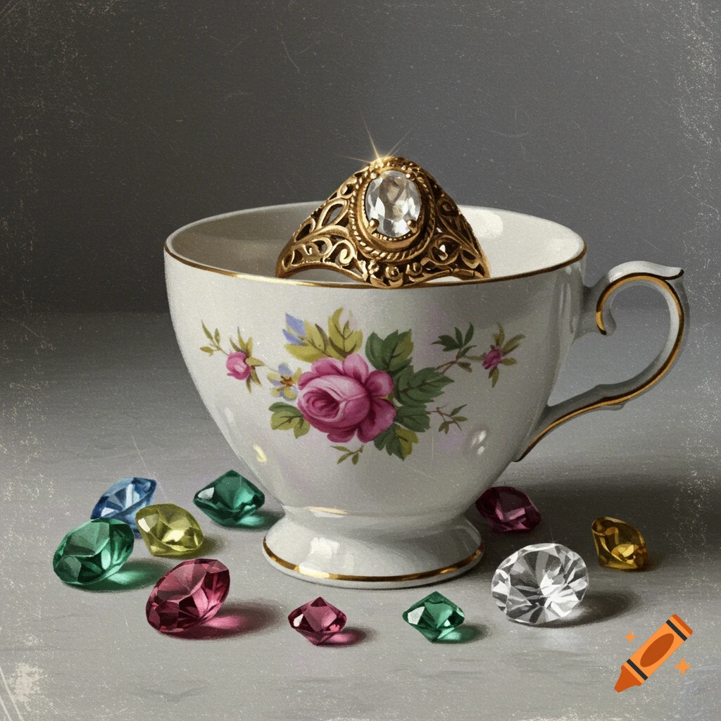 A decorative teacup holds a golden ring with a large clear stone, surrounded by colorful gems. Photorealistic still life.