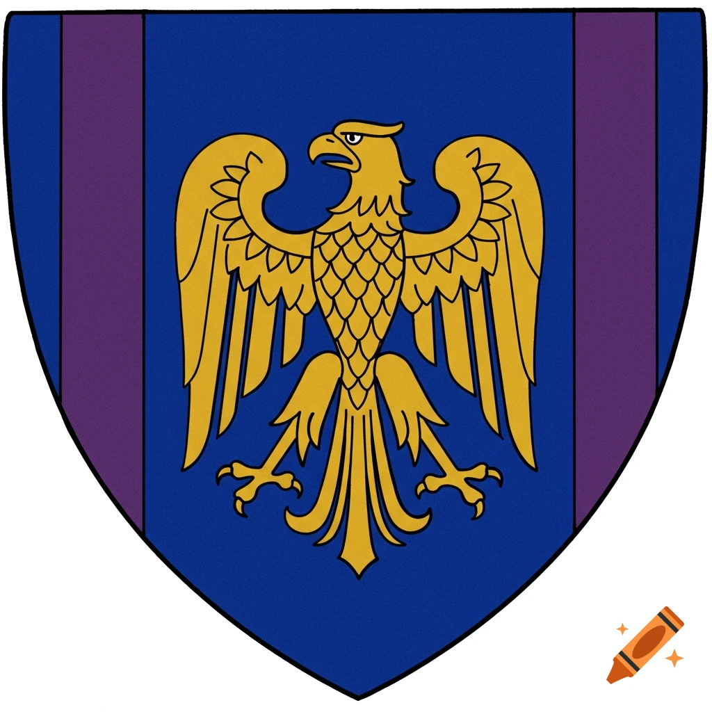 A heraldic shield featuring a gold eagle on a blue field with purple vertical stripes.
