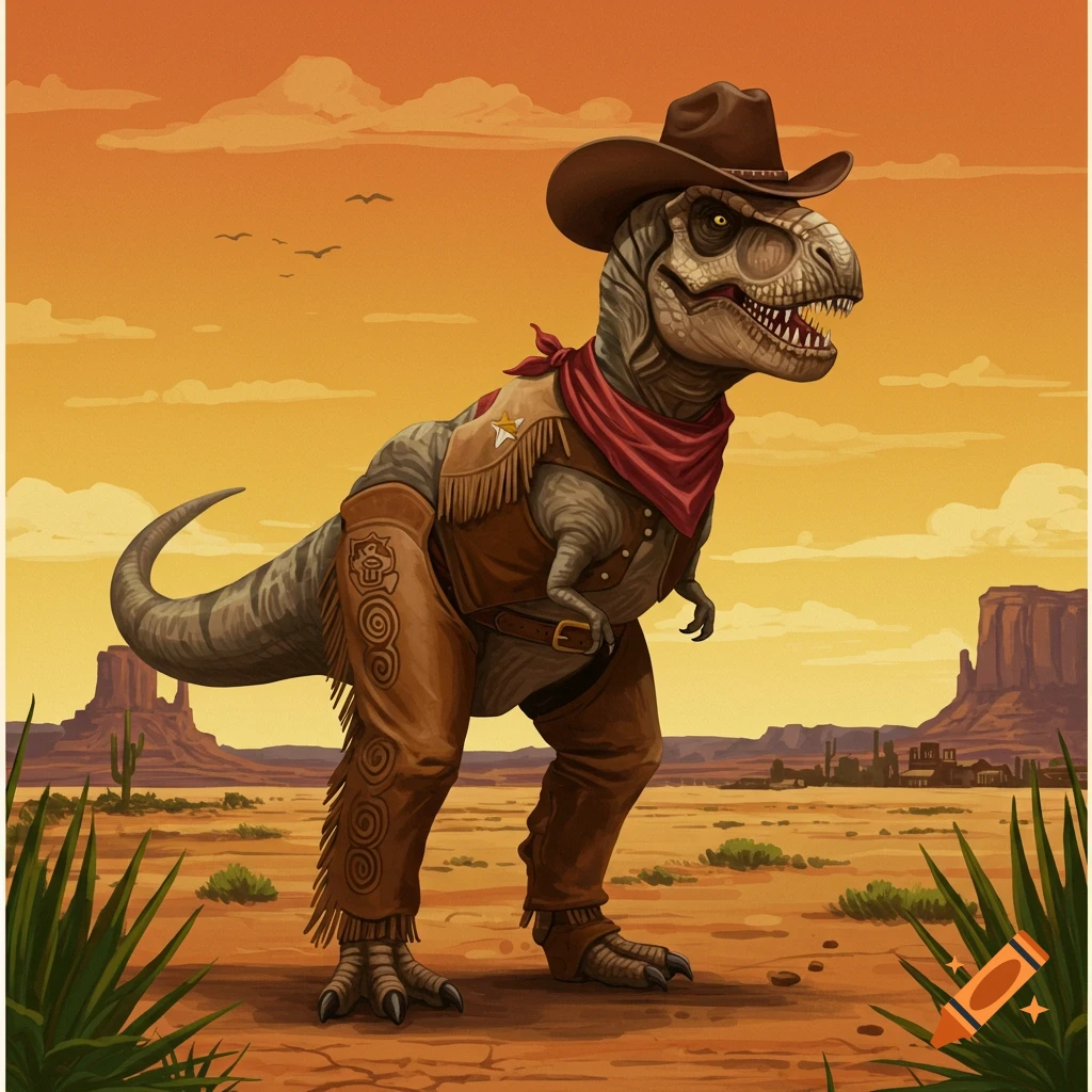 A T-Rex wearing a cowboy hat, bandana, vest, and chaps stands in a desert landscape.