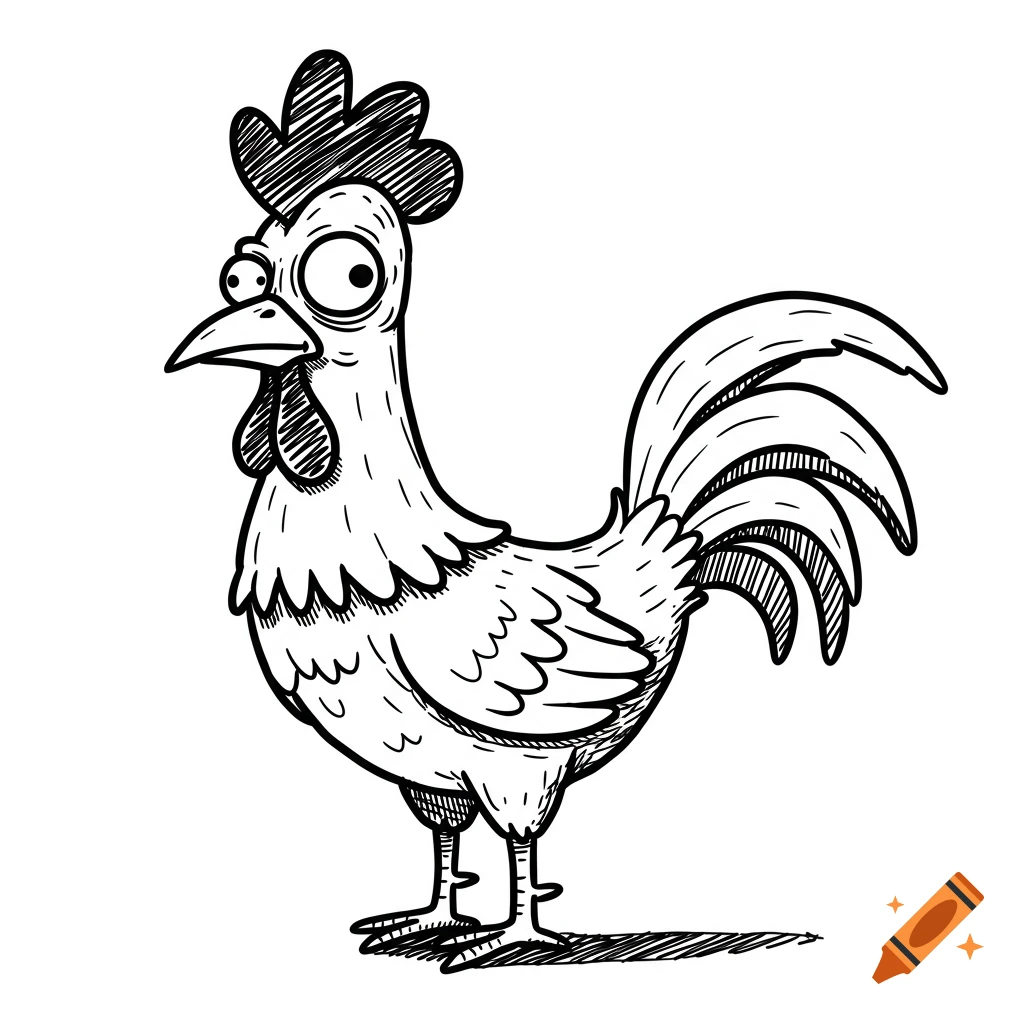 A black and white doodle of a derpy rooster standing.