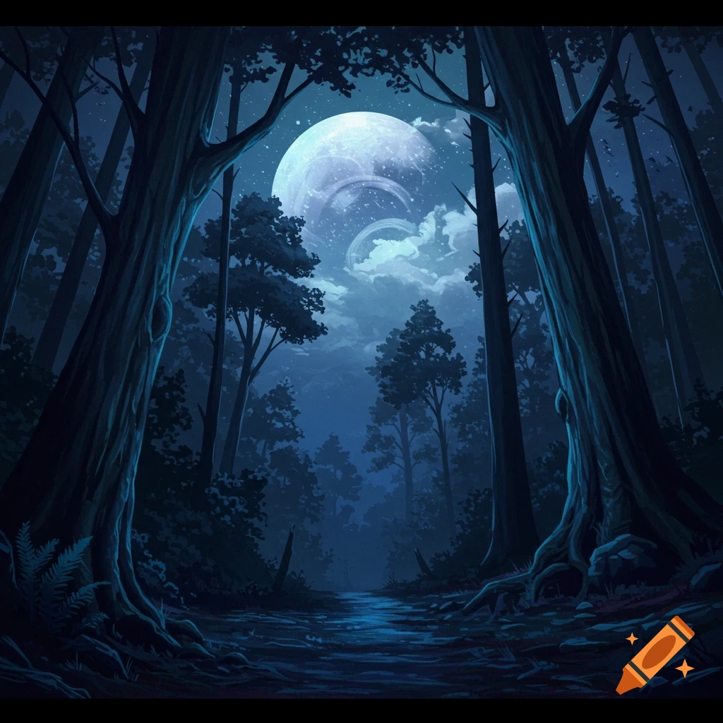 Anime-style night landscape of a forest on Craiyon