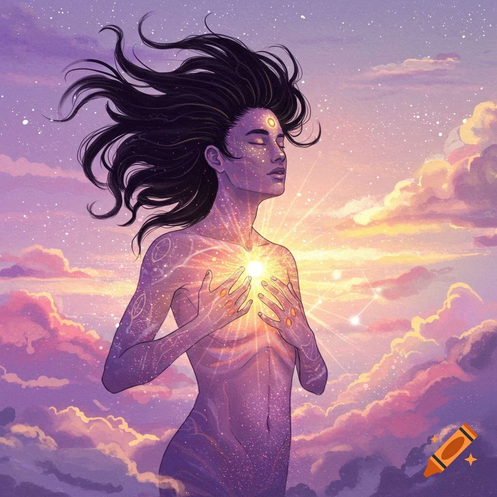 Stylized illustration of a person in clouds and stars with a glowing light in their chest.
