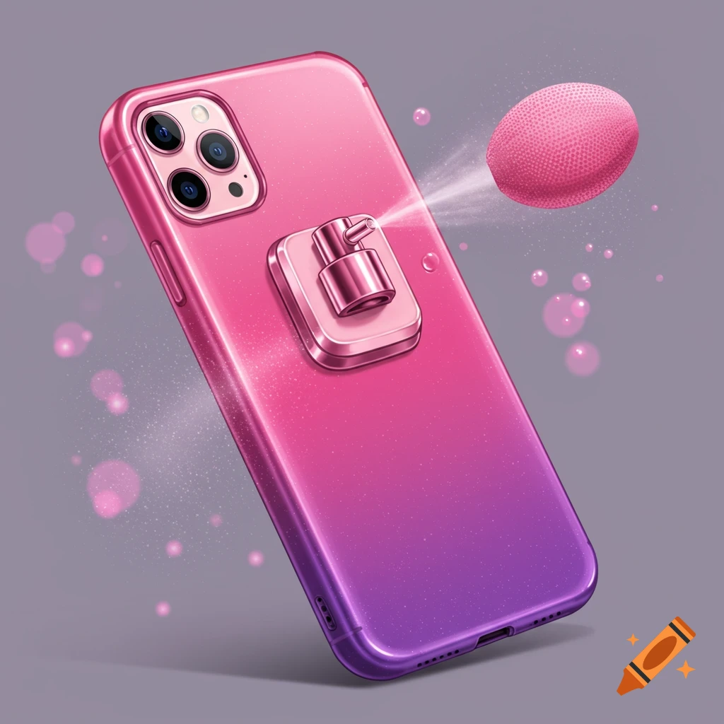Illustration of a pink and purple phone case with a built-in perfume atomizer spraying mist