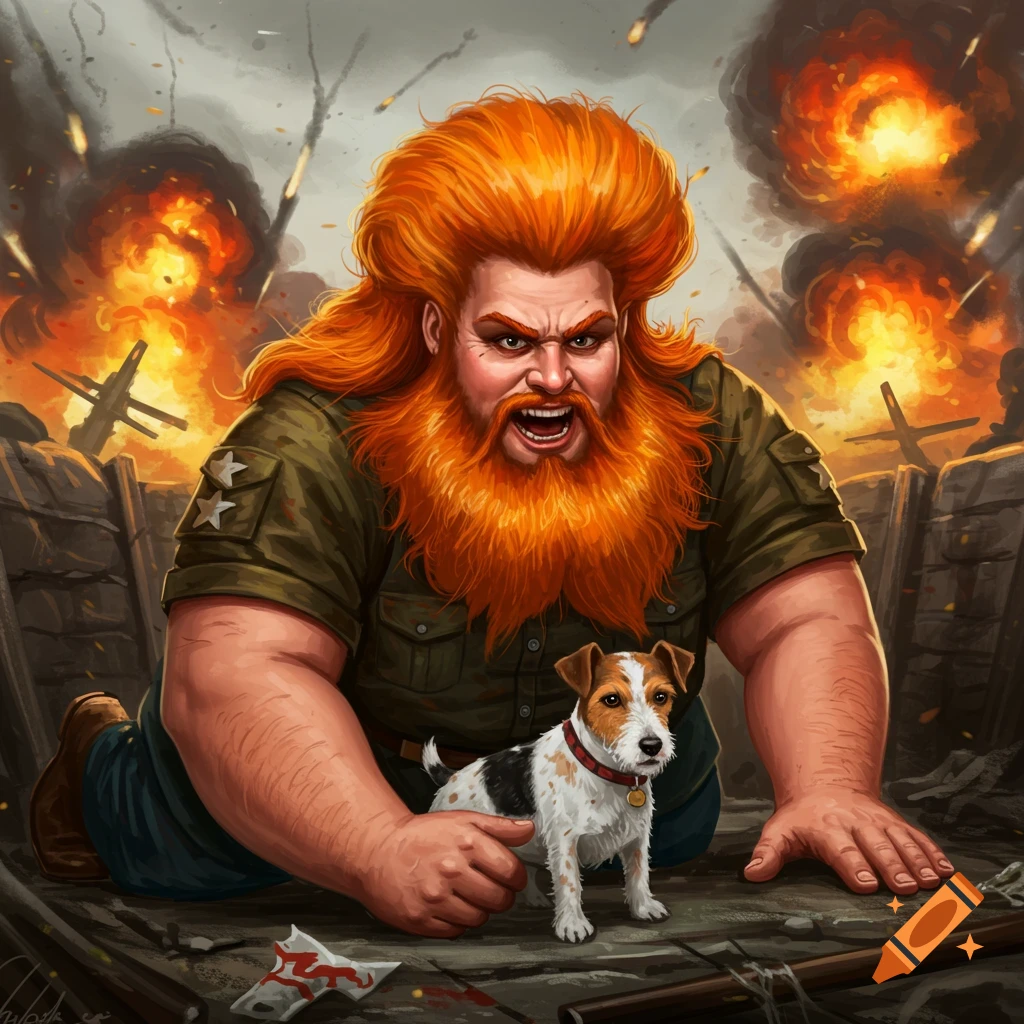 A large man with red hair and beard and a small dog are in a war trench with explosions.
