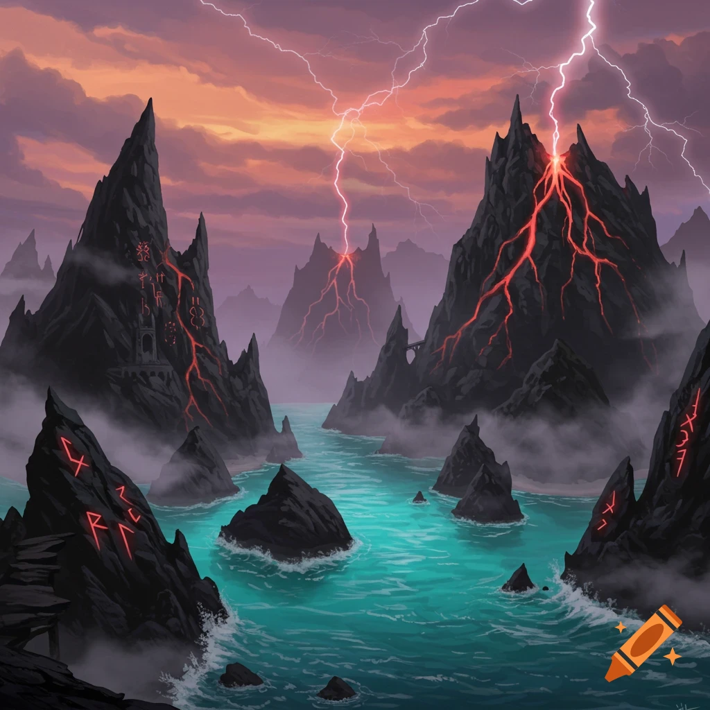 Dramatic fantasy landscape with dark mountains, lightning, glowing runes, and turquoise water.