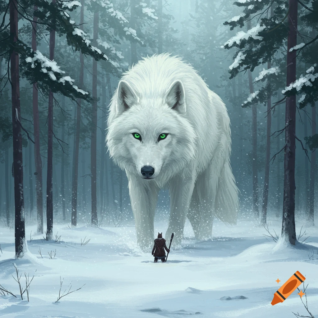 A giant white wolf with green eyes stands in a snowy forest facing a small figure with a staff, fantasy style.