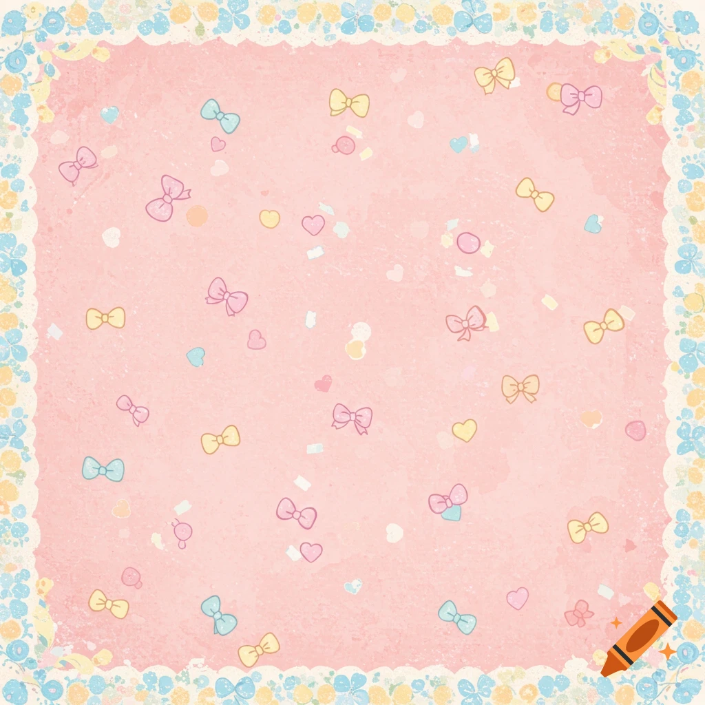 Pastel pink background with scattered bows, hearts, and confetti, bordered by small flowers.