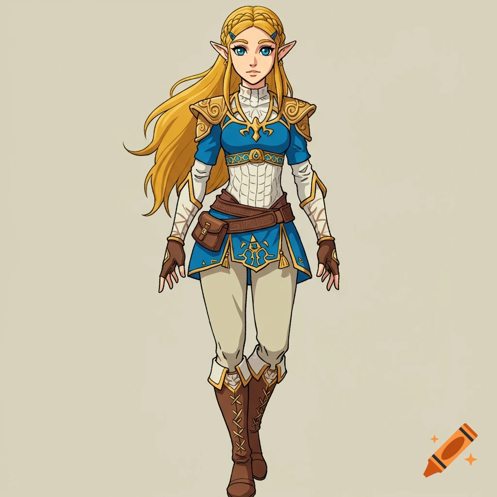 Full-body illustration of Zelda from Breath of the Wild in her blue tunic outfit.