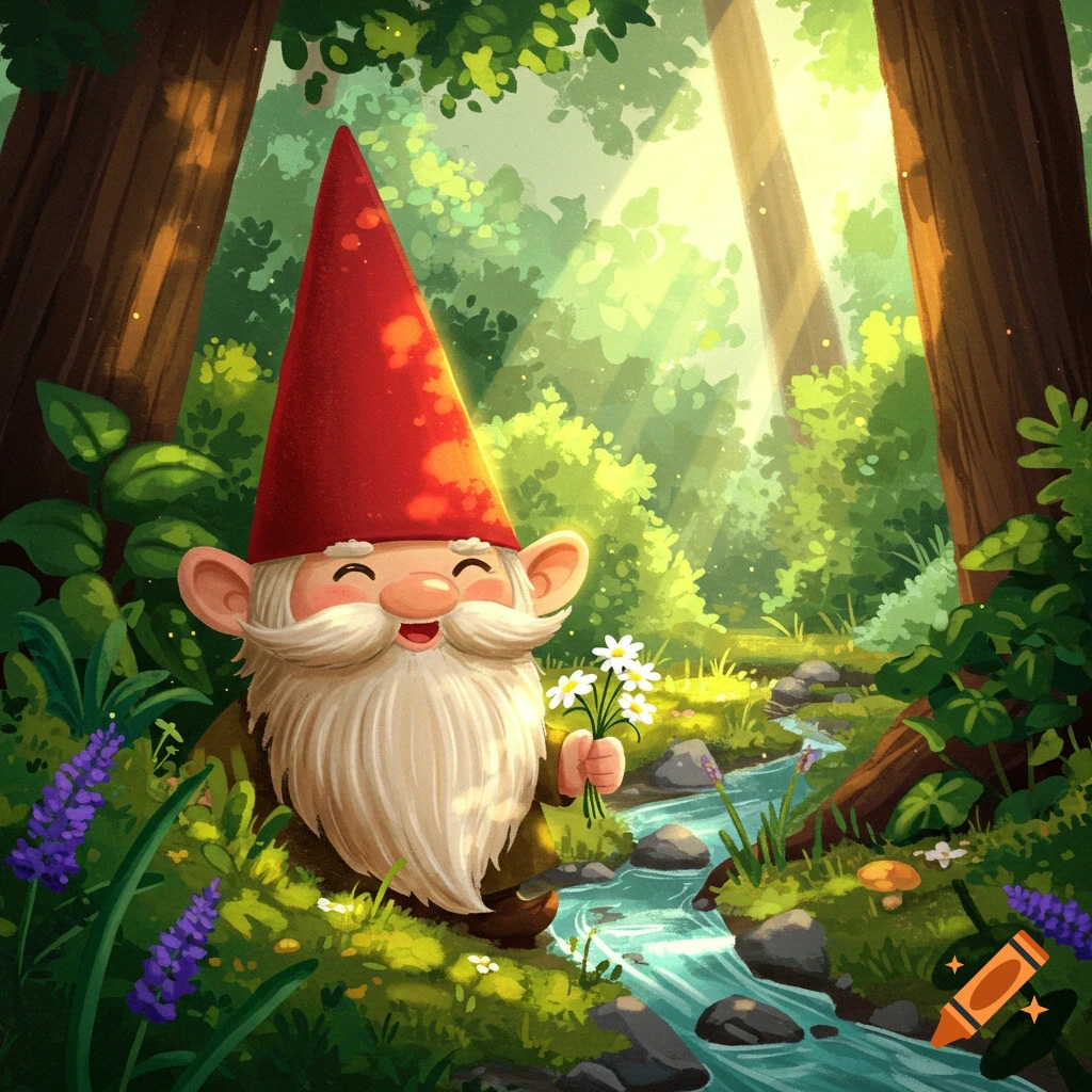 A cartoon gnome with a red hat and white beard holds flowers by a stream in a sunlit forest.