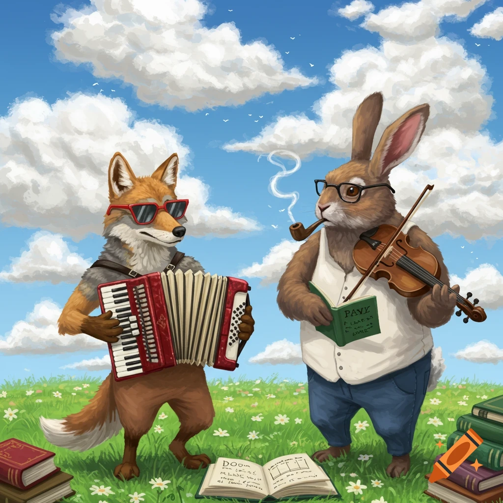 An illustrated coyote plays accordion and rabbit plays violin and smokes pipe in a meadow with books.