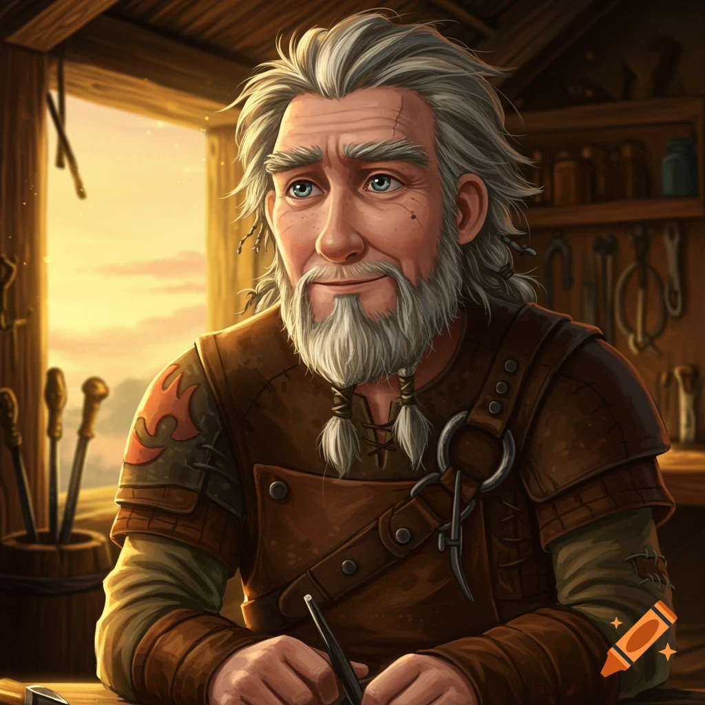 Illustrative portrait of an old man with gray hair and beard, wearing leather armor in a workshop.