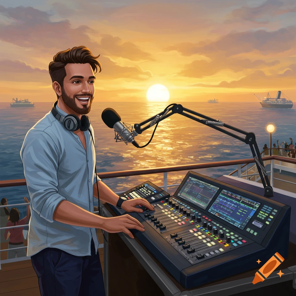 Illustration of a radio DJ broadcasting from a cruise ship deck at sunset