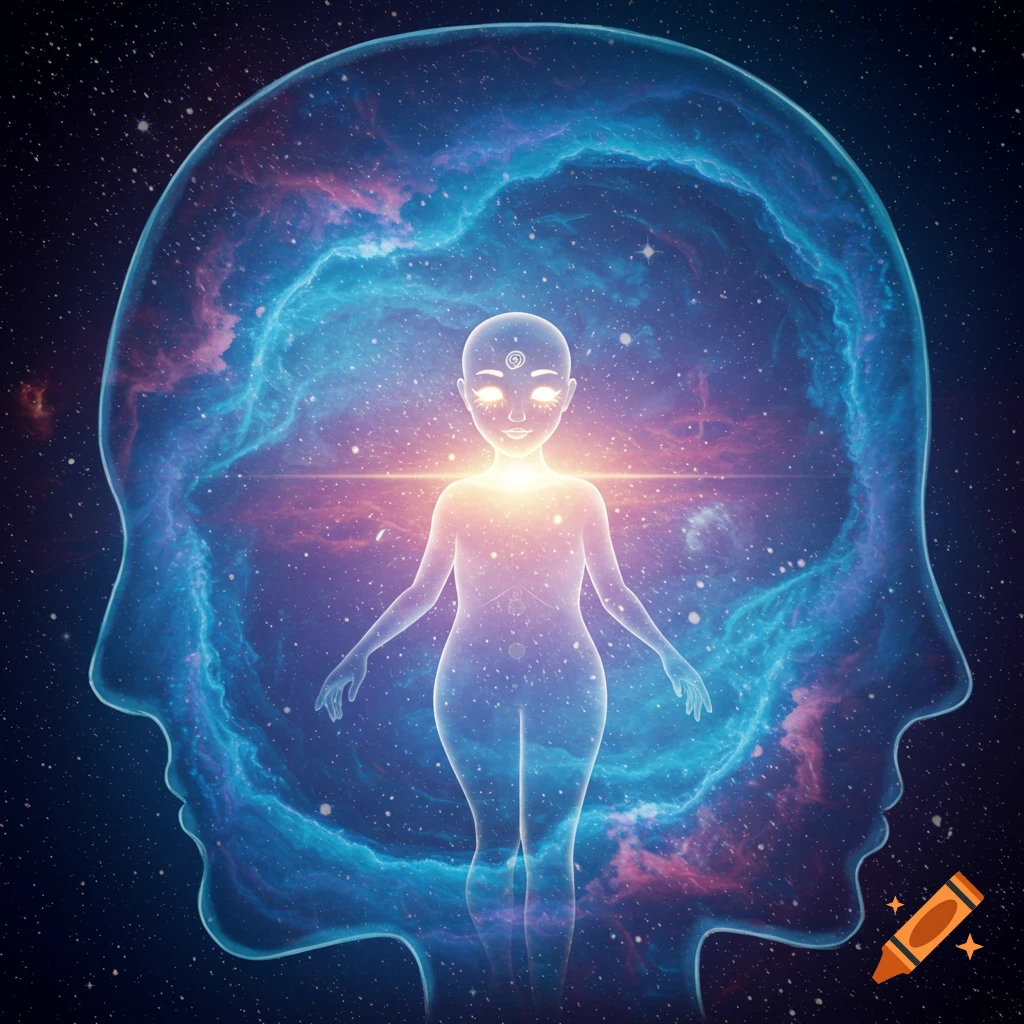 Translucent figure filled with nebula and stars inside a cosmic head silhouette.