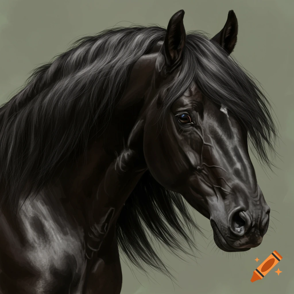 A close-up, hyper-realistic portrait of a black horse's head.