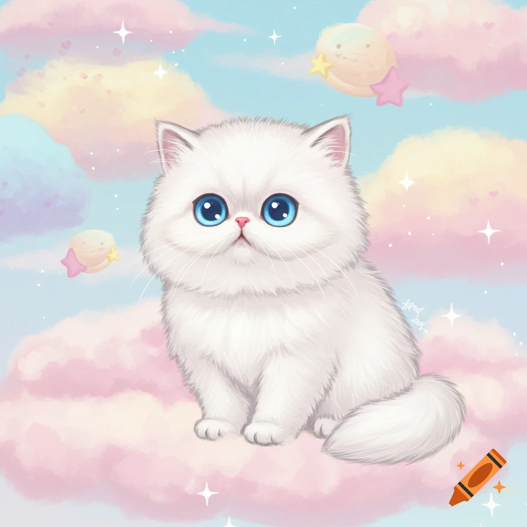A cute cartoon fluffy white cat with big blue eyes sits on pink clouds in a pastel sky with sparkles and floating shapes.