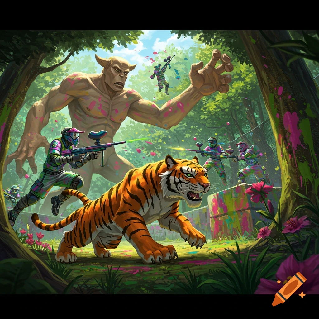 Anime-style giant and tiger battling paintball players in a colorful forest arena action scene.