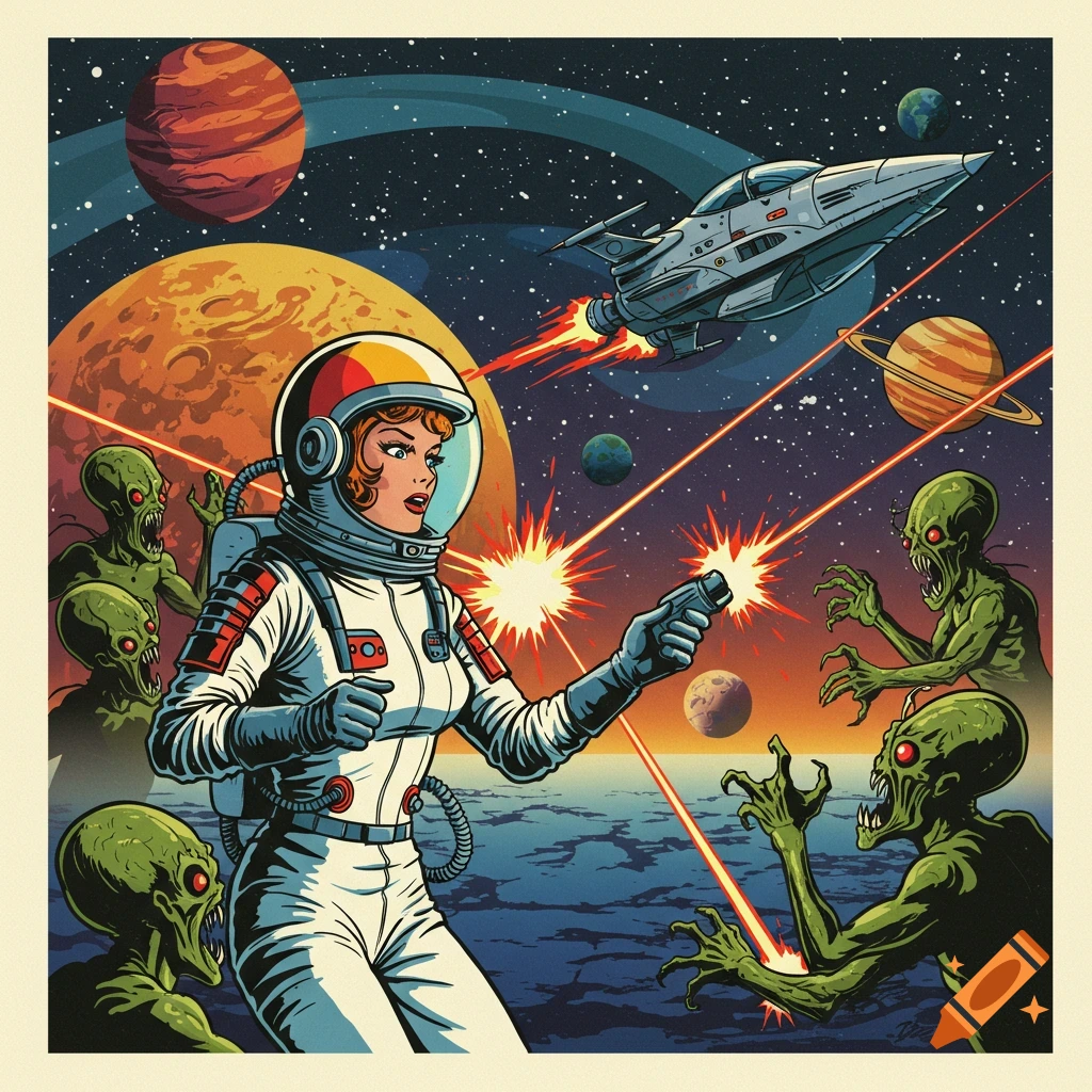 1950s pop art illustration of a woman astronaut fighting aliens in space with a spaceship and planets.