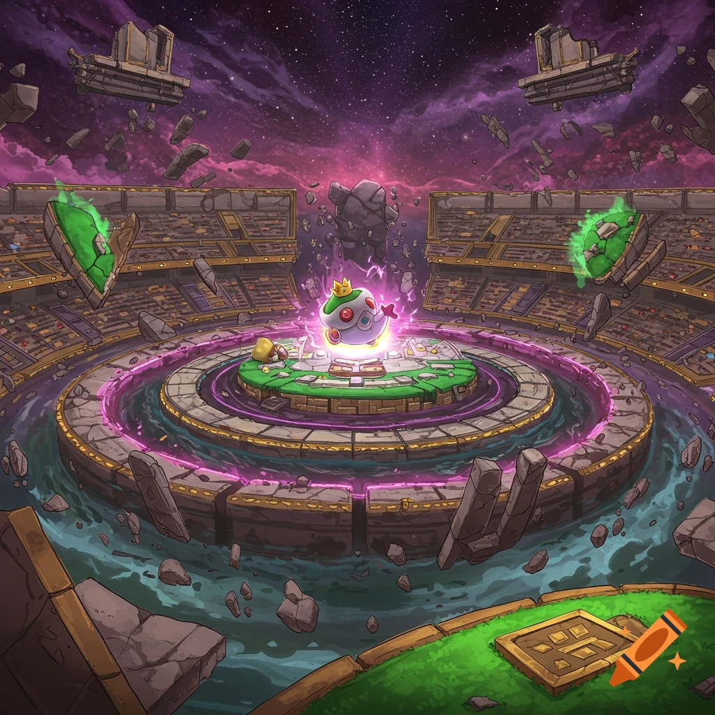 A creature floats in a cosmic arena with crumbling ruins and floating rocks.
