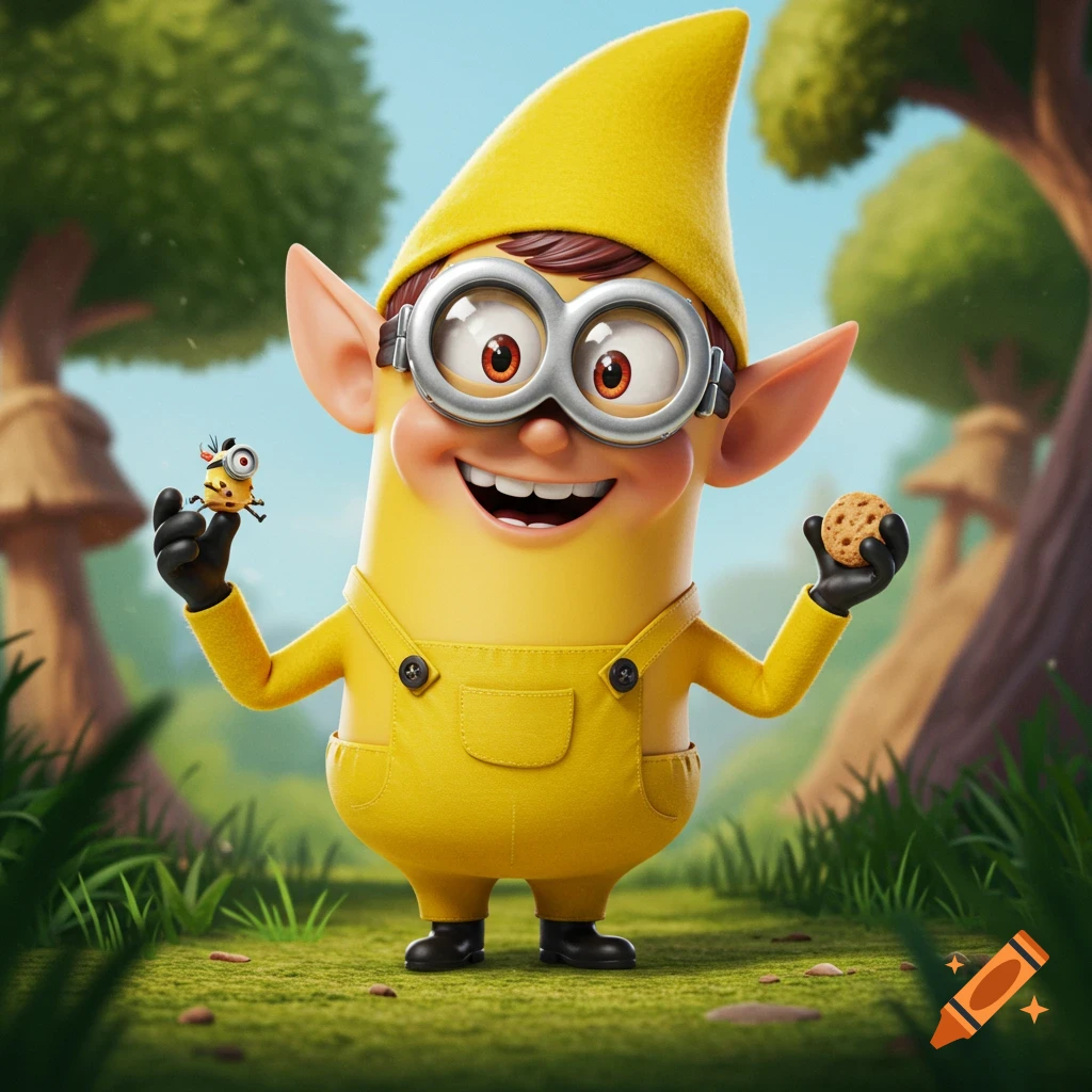 A yellow, minion-like character dressed as a Keebler elf holds a small bee and a cookie in a forest.
