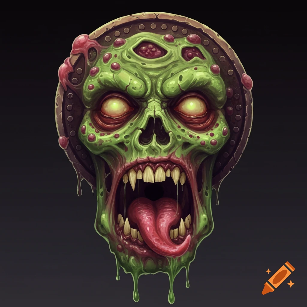 A stylized horror illustration of a grotesque green zombie head depicted on a coin, with sharp teeth and dripping goo.