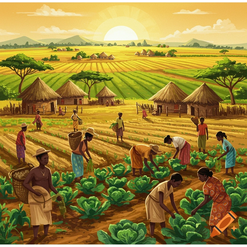 Illustration of people farming crops in a field near a village at sunset.