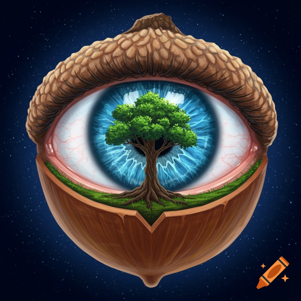 A surreal illustration of a blue eye with a green tree growing in the pupil, set inside a cracked-open acorn against a starry blue background.