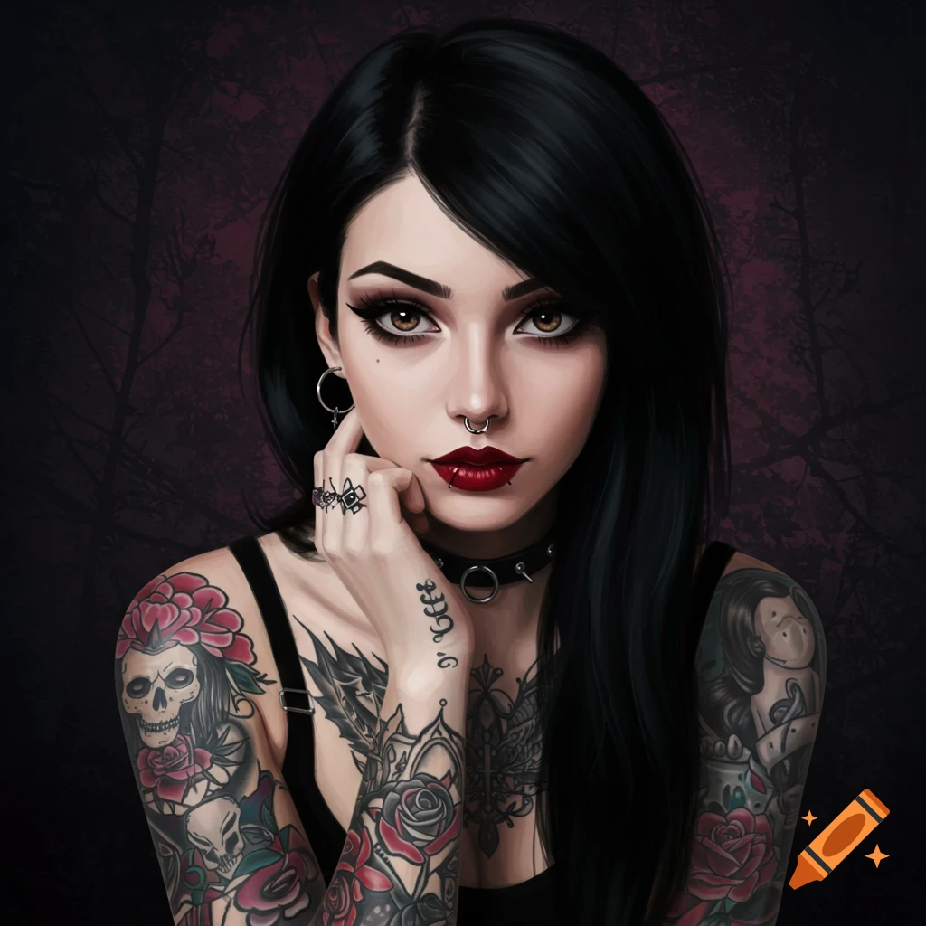 A goth woman with tattoos, piercings, dark makeup, and a choker.