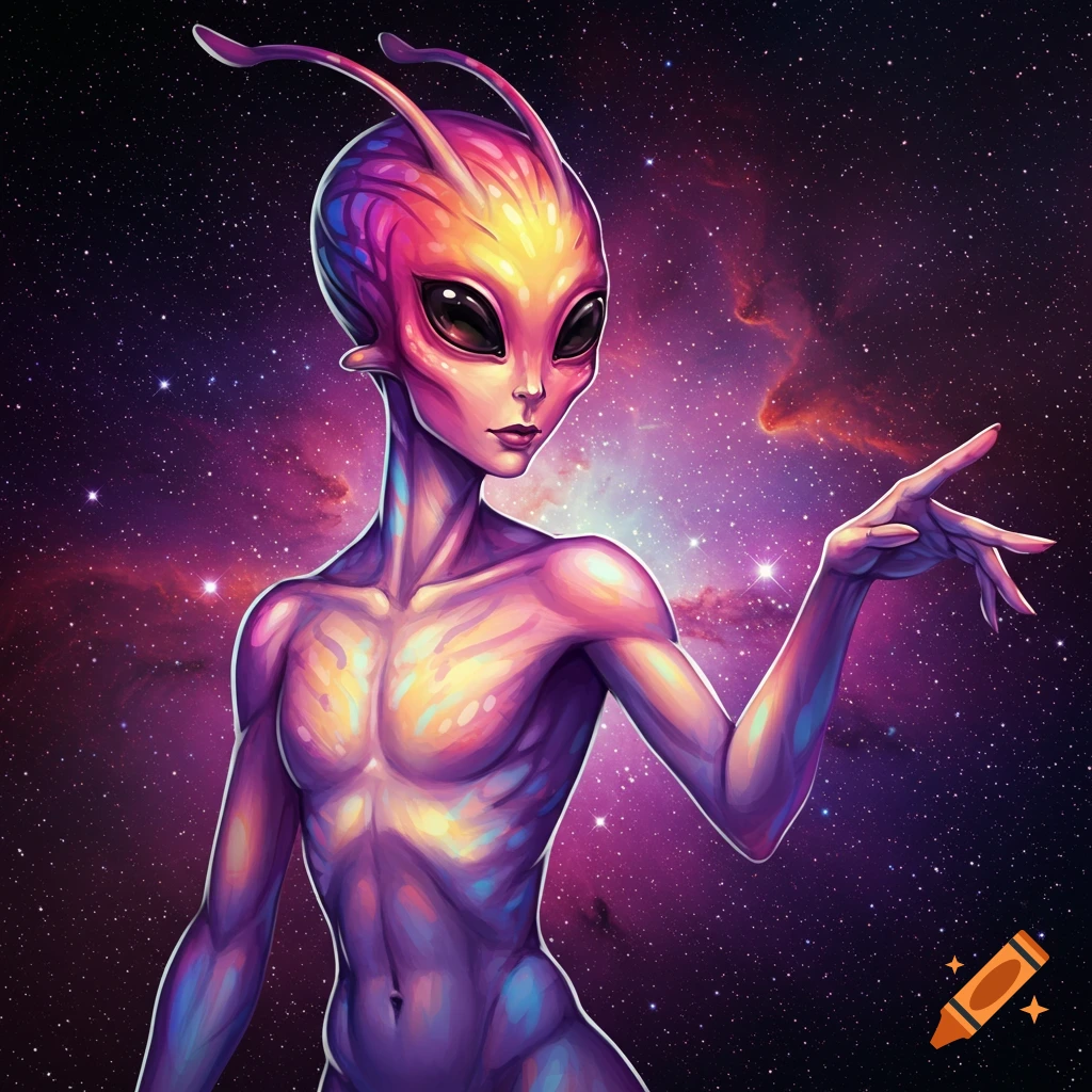 Illustrated portrait of a purple and pink alien against a starry galaxy background, raising one hand.