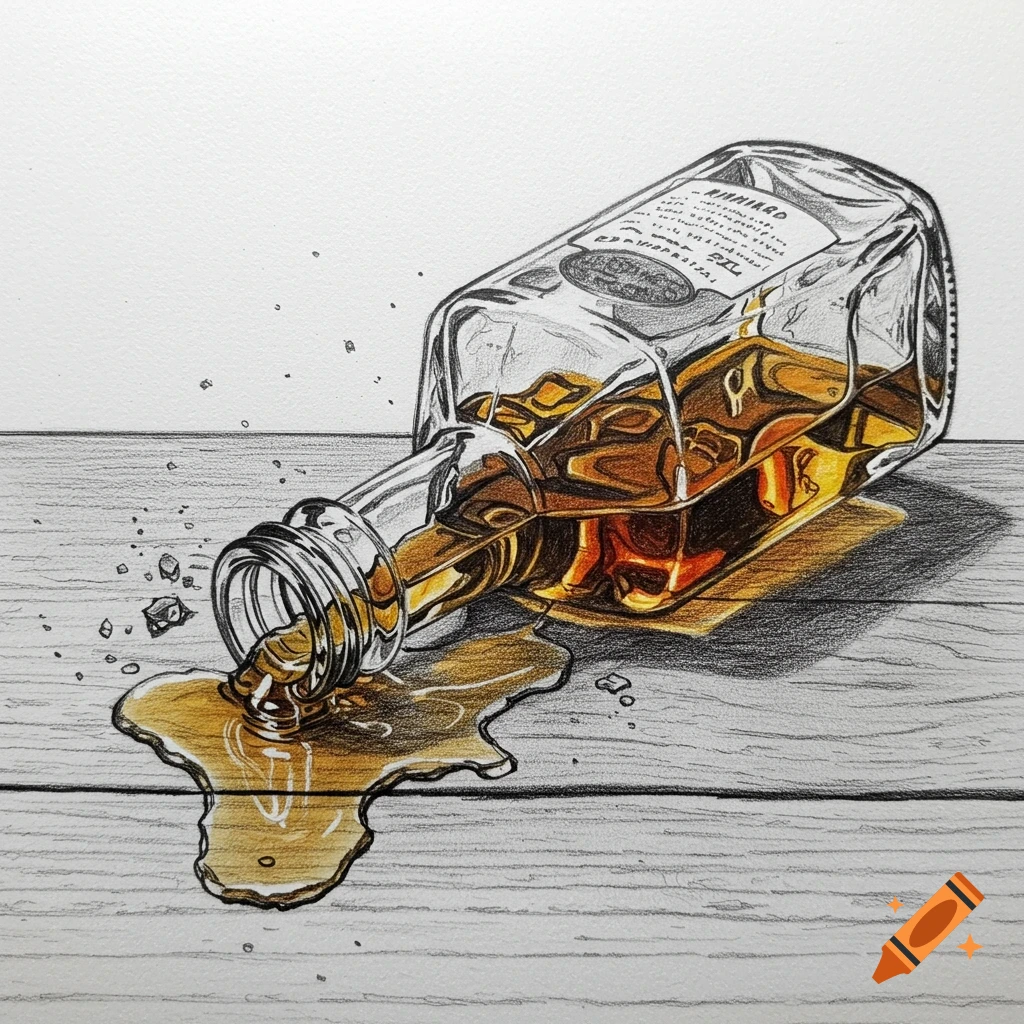 A pencil sketch drawing of a whiskey bottle lying on its side with liquid spilled onto a wooden surface.