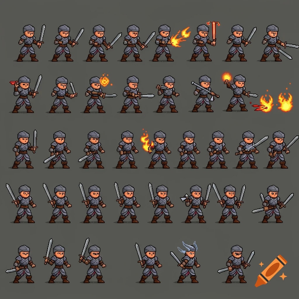 Pixel art sprite sheet of a fantasy character in armor performing various actions.