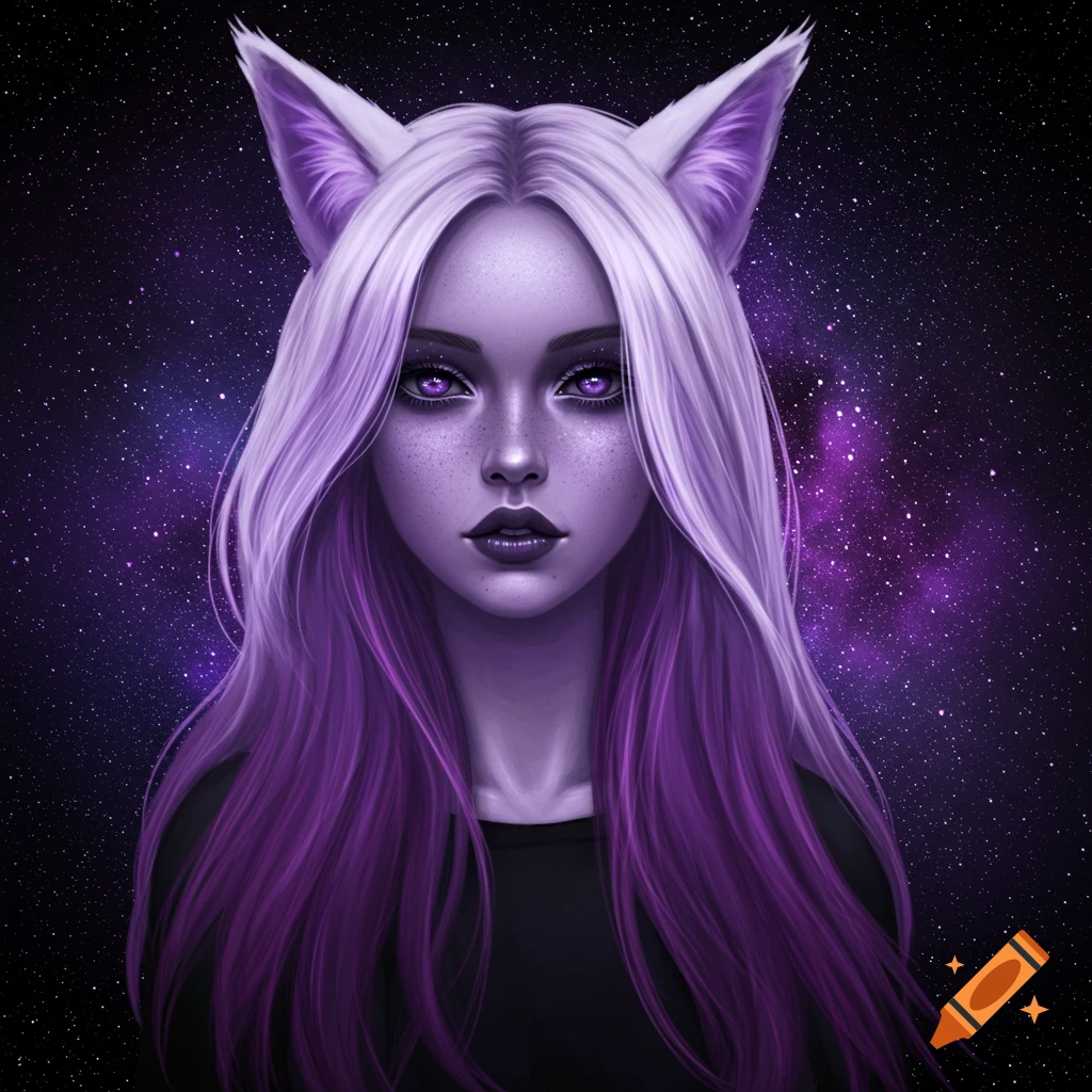 A portrait of a person with purple skin, cat ears, white and purple hair, and purple eyes against a starry background.