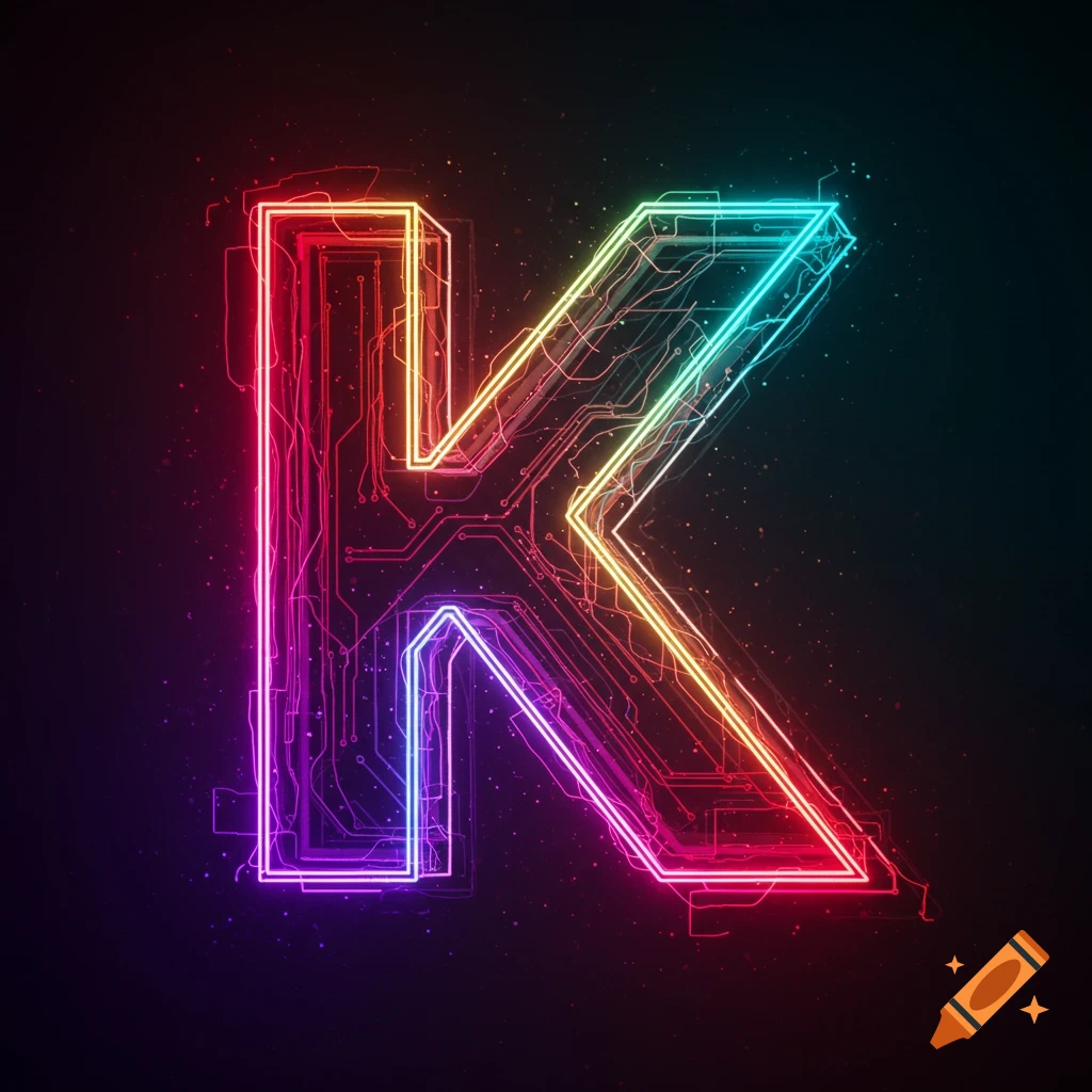 Digital art of a letter K in glowing neon rainbow colors and circuit board patterns.