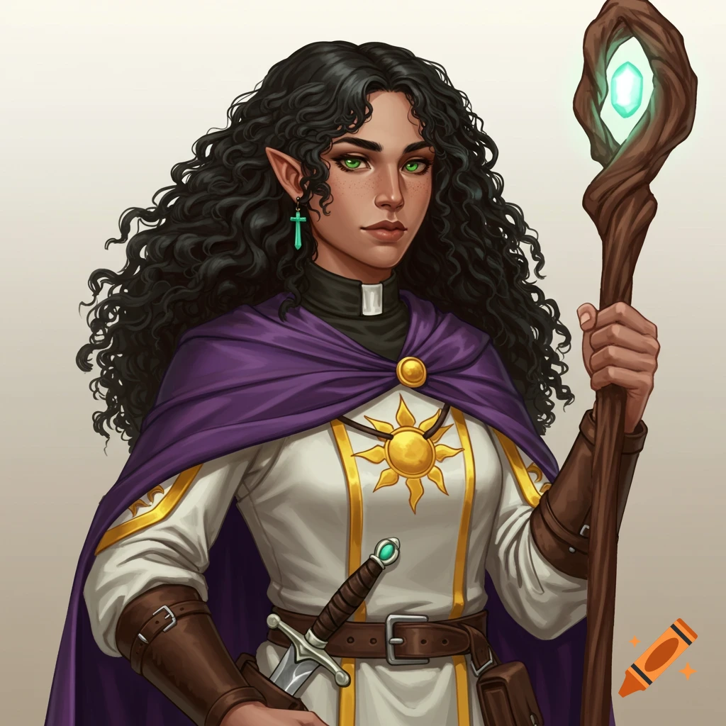 Fantasy portrait of a female cleric with curly hair, holding a staff and dagger, wearing white and purple robes.