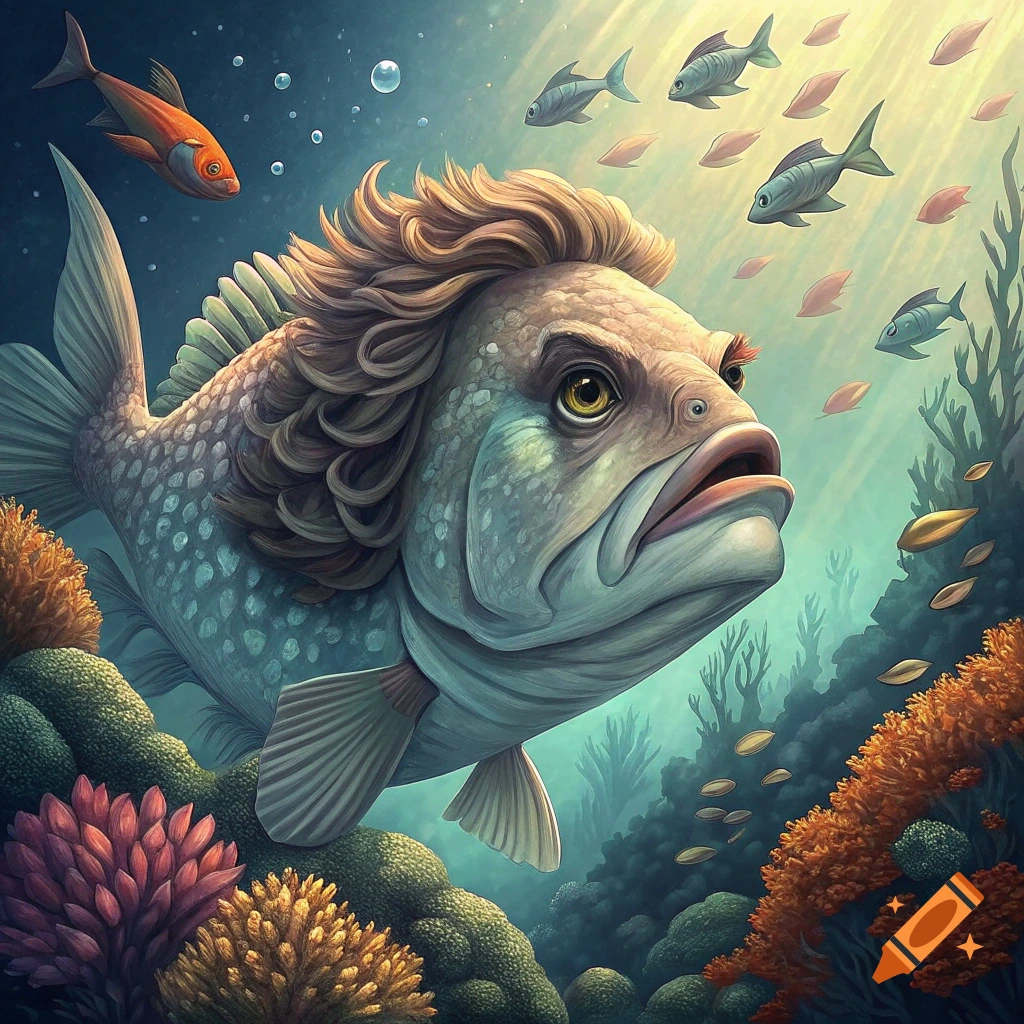 An illustration of a fish with human-like hair underwater among coral and smaller fish.