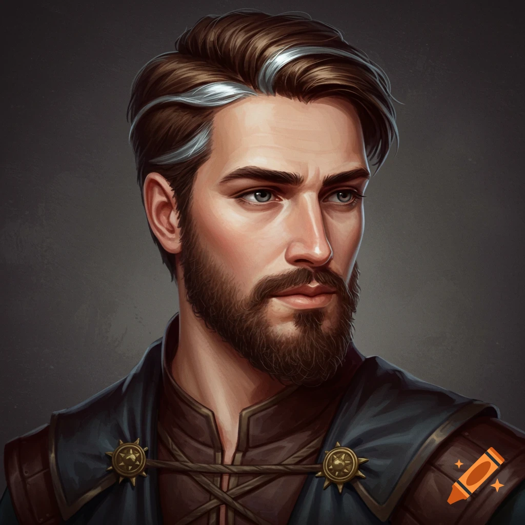 Portrait of a human male in fantasy clothing with a beard and silver-streaked brown hair.