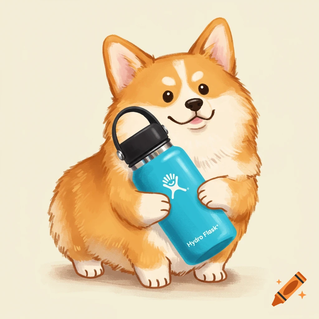 A cute cartoon corgi dog holding a blue Hydro Flask bottle.