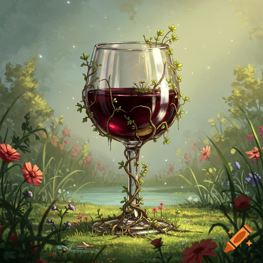 A large wine glass wrapped in vines sits among flowers in a lush fantasy landscape with a pond.