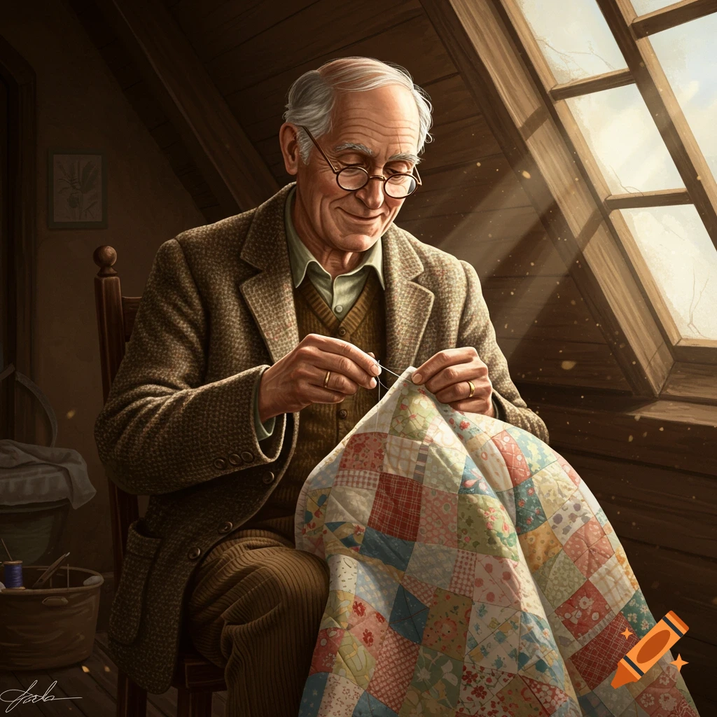 An old man with glasses sits in a sunlit attic, smiling as he sews a colorful patchwork quilt by hand.