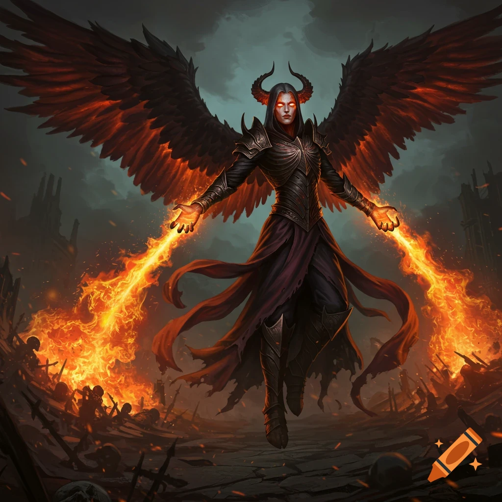 A dark angel figure with horns and fiery wings, wielding flames in a ruined battlefield.