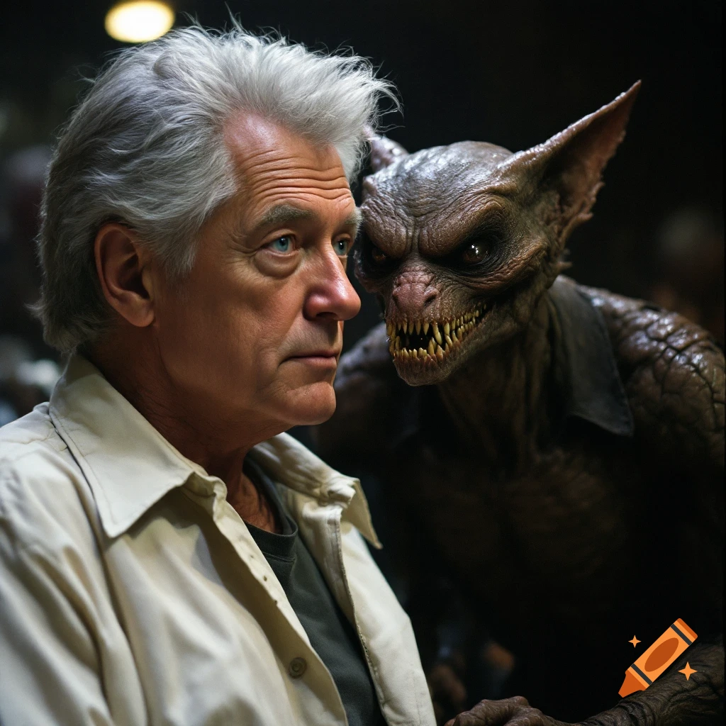 Close-up photo of a man standing next to a scary mutant creature with sharp teeth.