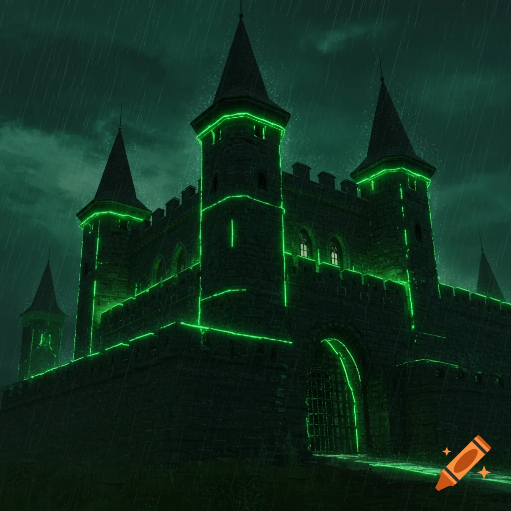 A dark medieval castle illuminated by green neon lines in the rain.