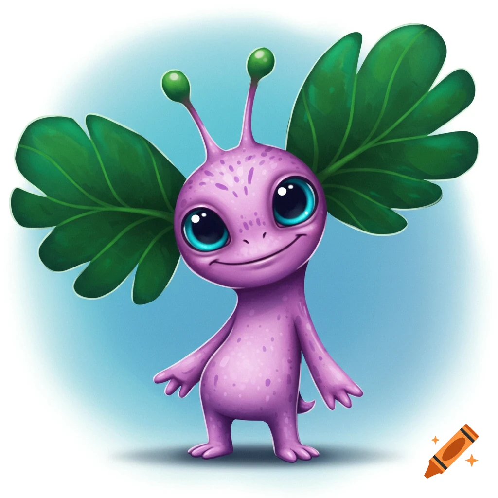 A cute purple cartoon creature with big blue eyes, green leaf wings, and a small smile.