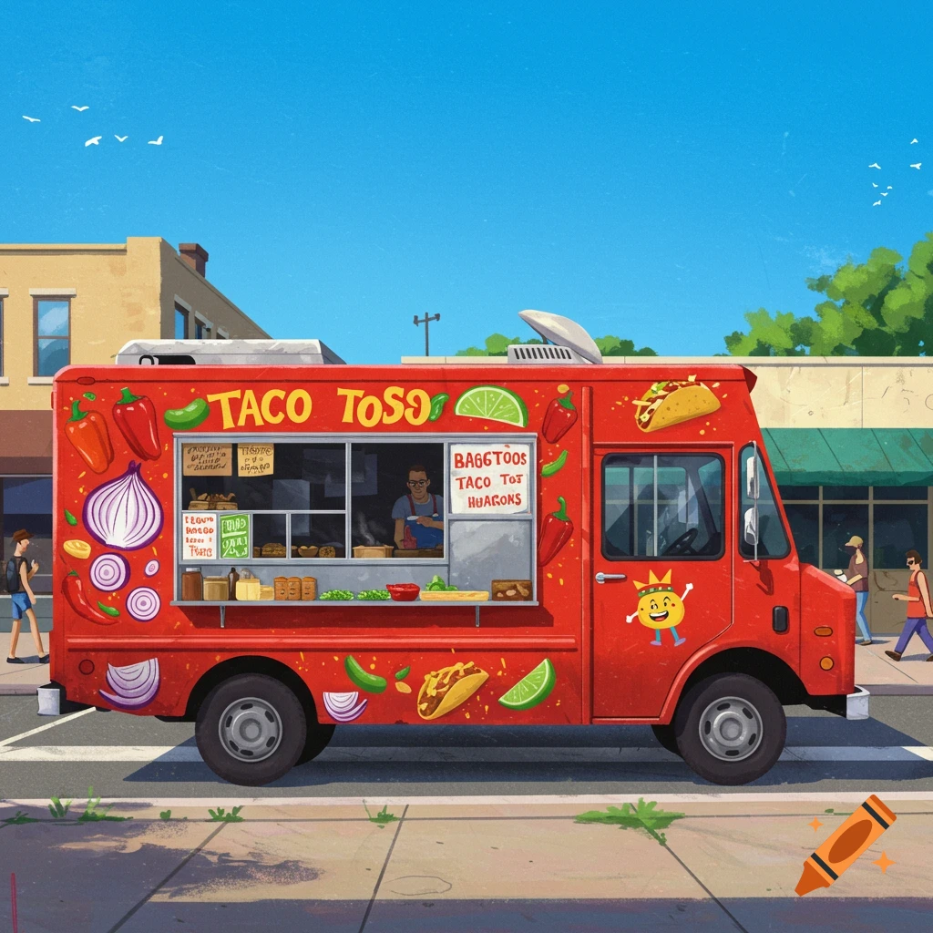 Illustration of a red taco truck on a city street on a sunny day.