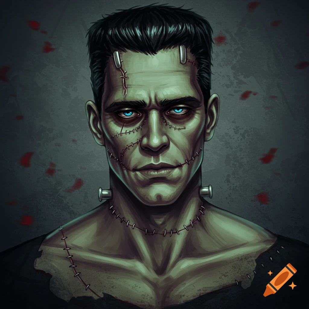 A depiction of a handsome man as Frankenstein's monster with green skin, stitches, and bolts.